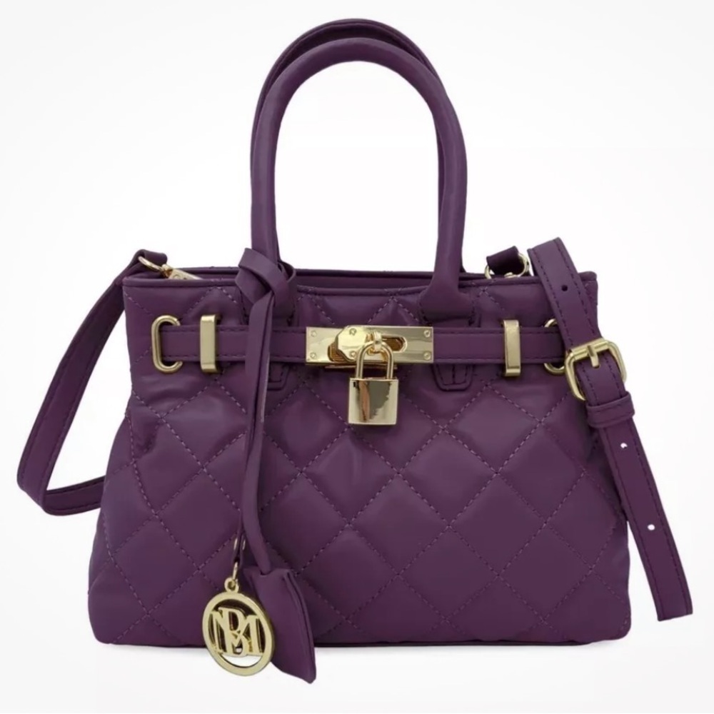 Badgley Mischka Small Diamond Quilted Tote Bag Plum NWT